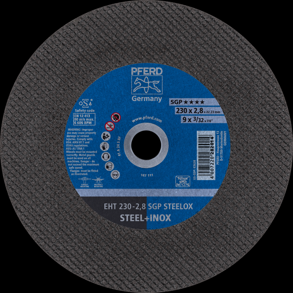 PFERD Cut-Off Wheel, 9&#34; x 3/32 x 7/8, SGP STEELOX, T1, Aluminum oxide