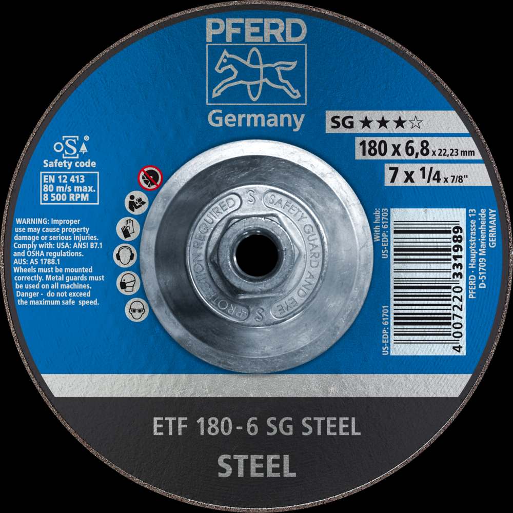 PFERD Grinding Wheel, 7&#34; x 1/4 x 5/8-11, SG STEEL, T28, Aluminum oxide