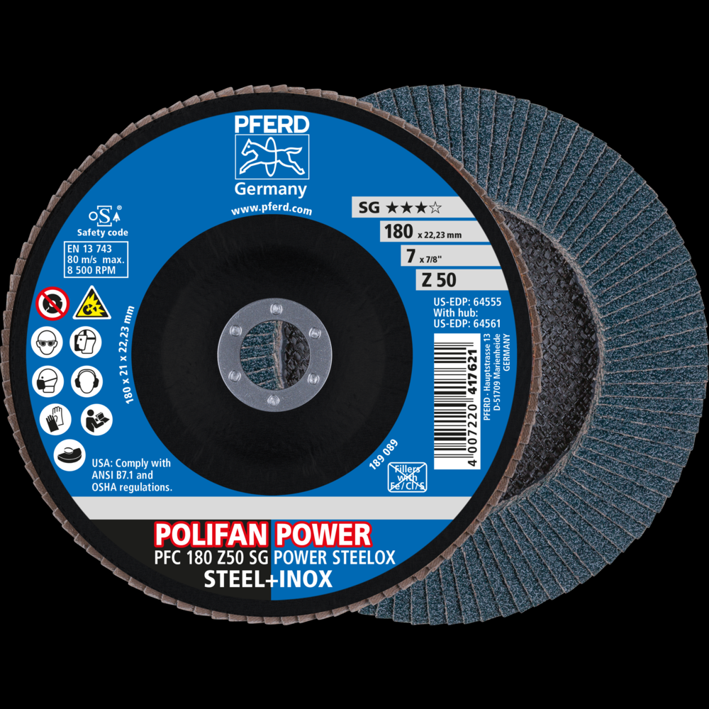 PFERD Flap Disc, 7&#34; x 7/8, Z SG POWER STEELOX, 50 Grit, T29, Conical, Zirconia