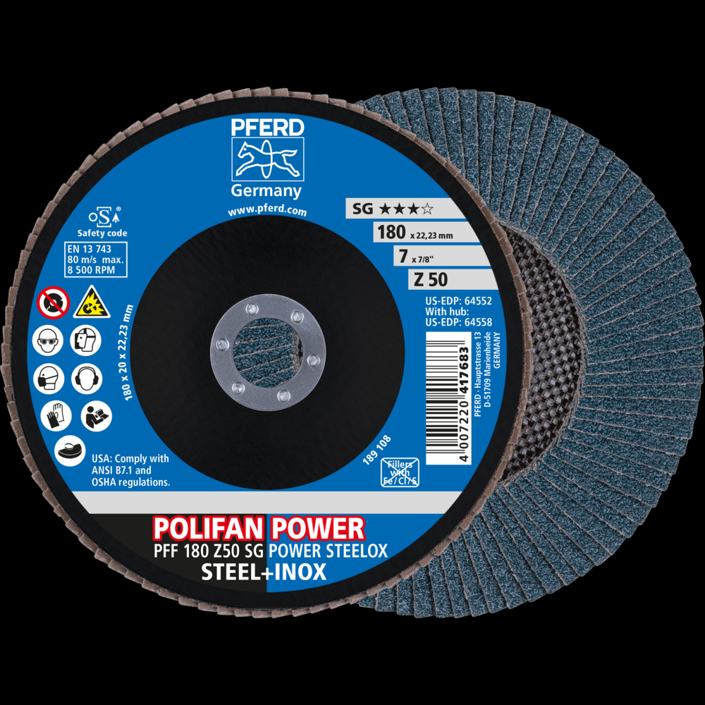 PFERD Flap Disc, 7&#34; x 7/8, Z SG POWER STEELOX, 50 Grit, T27, Flat, Zirconia