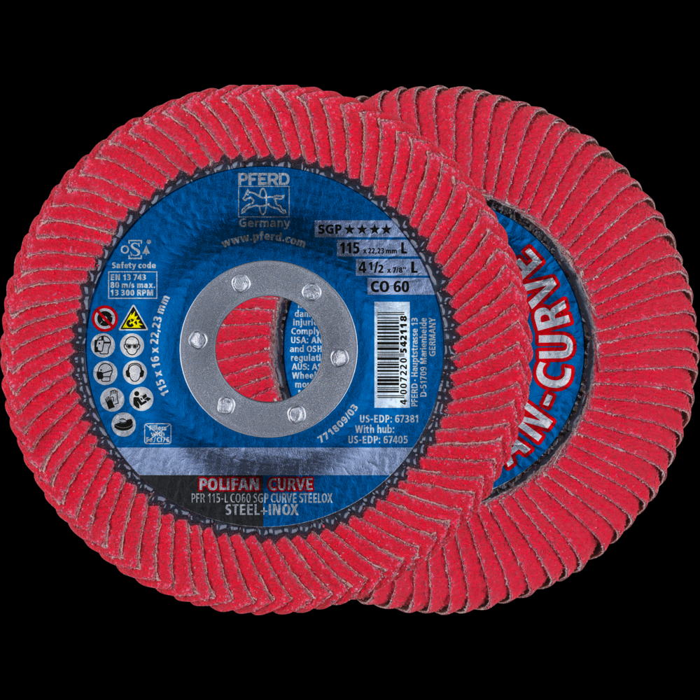 PFERD Flap Disc, 4-1/2&#34; x 7/8, CO SGP CURVE STEELOX,60 Grit,Large Radius,Ceramic oxide