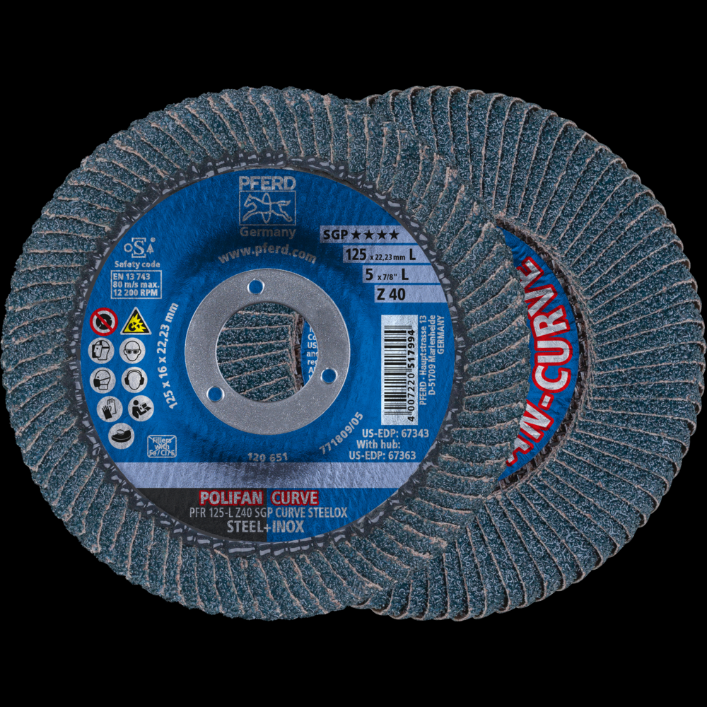 PFERD Flap Disc, 5&#34; x 7/8, Z SGP CURVE STEELOX, 40 Grit, Large Radius, Zirconia