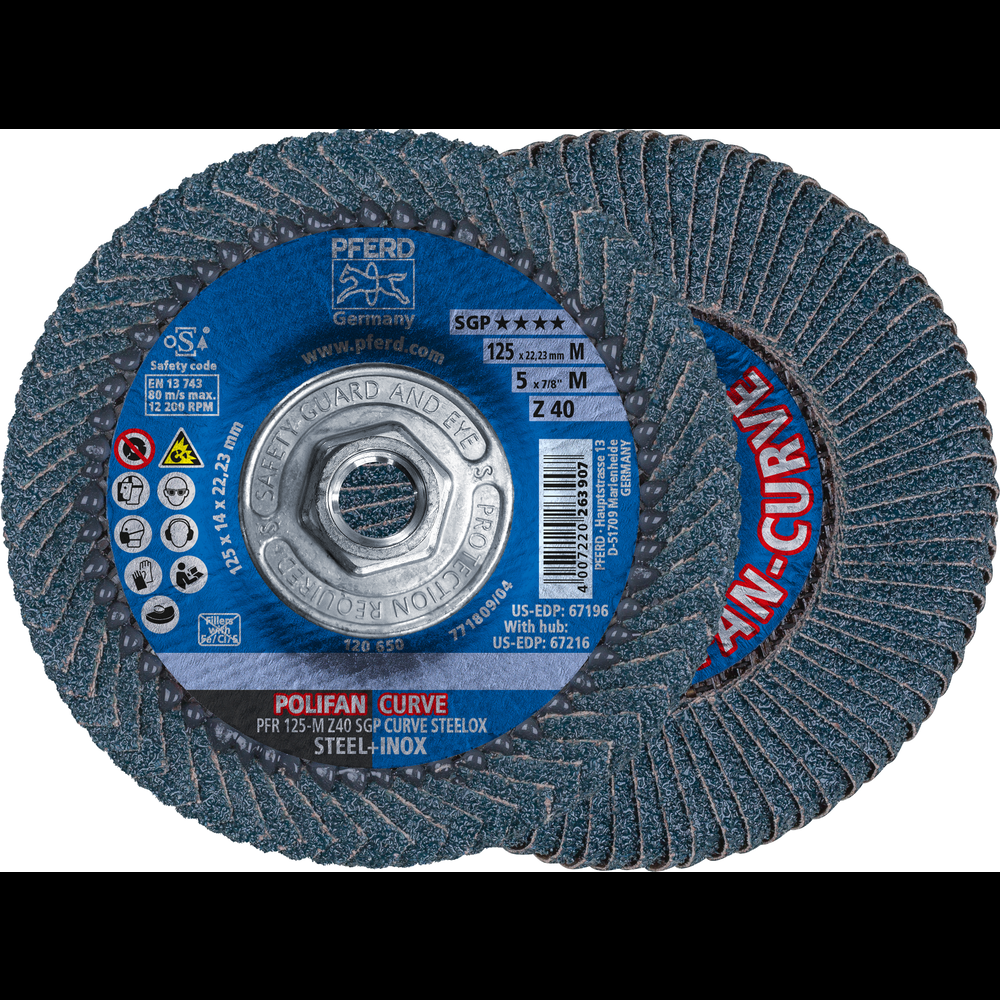 PFERD Flap Disc, 5&#34; x 5/8-11, Z SGP CURVE STEELOX, 40 Grit, Medium Radius, Zirconia