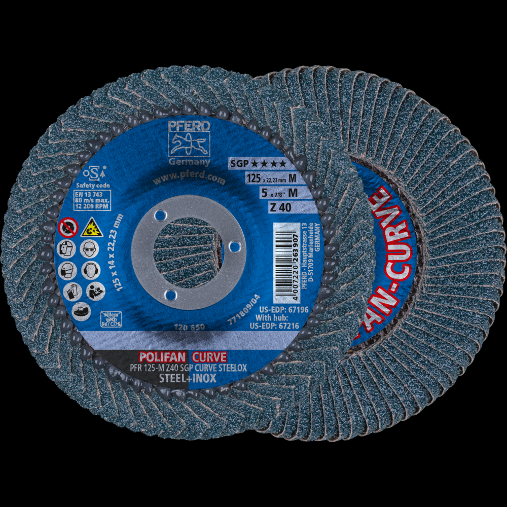 PFERD Flap Disc, 5&#34; x 7/8, Z SGP CURVE STEELOX, 40 Grit, Medium Radius, Zirconia