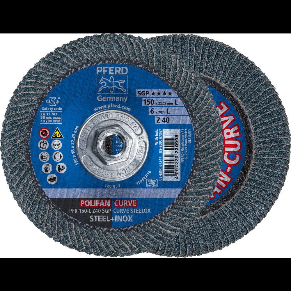 PFERD Flap Disc, 6&#34; x 5/8-11, Z SGP CURVE STEELOX, 40 Grit, Large Radius, Zirconia