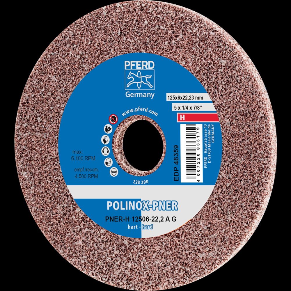 PFERD POLINOX® Unitized Wheel, 5&#34; x 1/4 x 7/8, Coarse, Hard, 8AC, Aluminum oxide