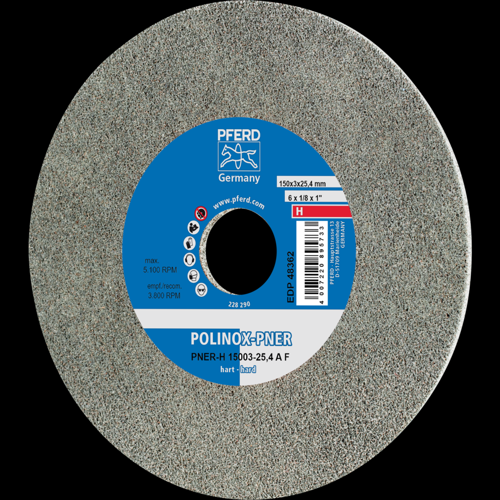 PFERD POLINOX® Unitized Wheel, 6&#34; x 1/8 x 1, Fine, Hard, 8AM, Aluminum oxide