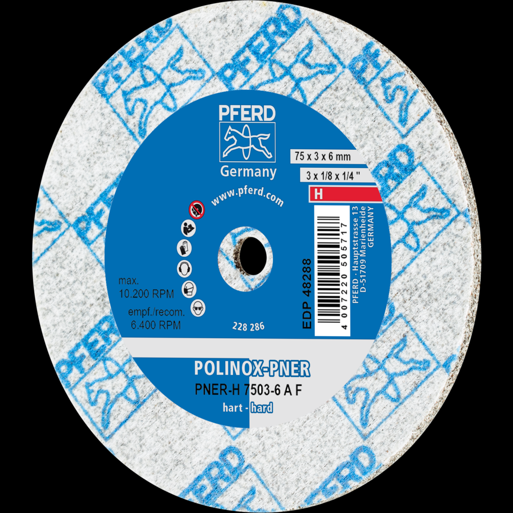 PFERD POLINOX® Unitized Wheel, 3&#34; x 1/8 x 1/4, Fine, Hard, 8AM, Aluminum oxide