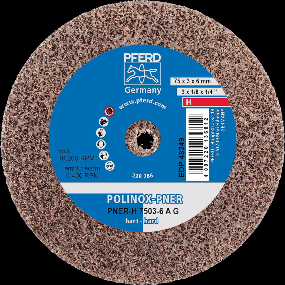 PFERD POLINOX® Unitized Wheel, 3&#34; x 1/8 x 1/4, Coarse, Hard, 8AC, Aluminum oxide