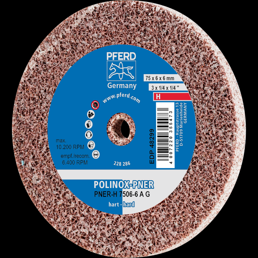 PFERD POLINOX® Unitized Wheel, 3&#34; x 1/4 x 1/4, Coarse, Medium-Hard, 8AC,Aluminum oxide