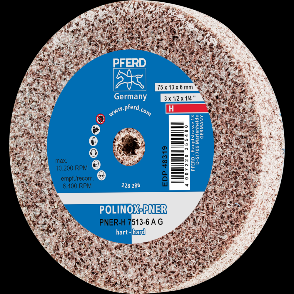 PFERD POLINOX® Unitized Wheel, 3&#34; x 1/2 x 1/4, Coarse, Hard, 8AC, Aluminum oxide