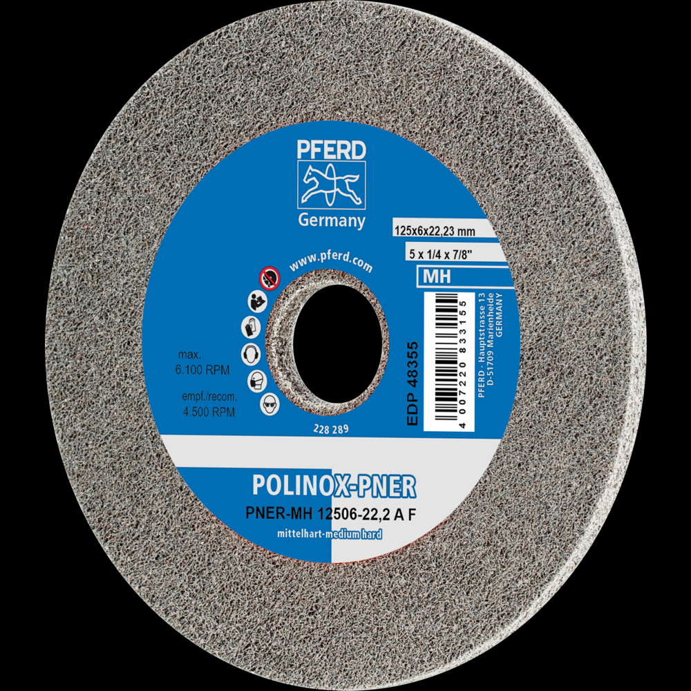 PFERD POLINOX® Unitized Wheel, 5&#34; x 1/4 x 7/8, Fine, Medium-Hard, 6AF, Aluminum oxide