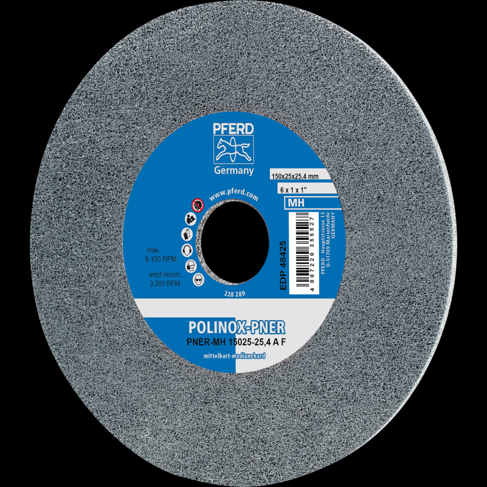 PFERD POLINOX® Unitized Wheel, 6&#34; x 1/8 x 1, Fine, Medium-Hard, 3SF, Silicon carbide