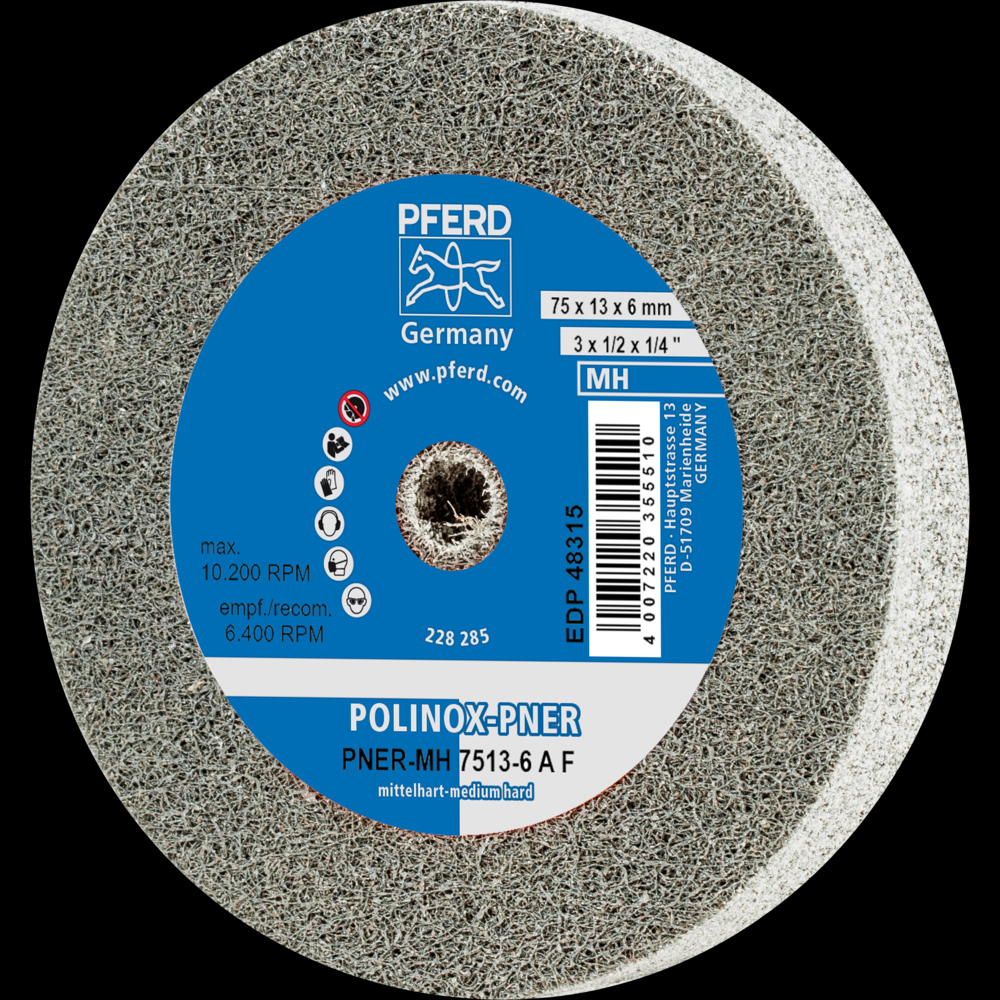 PFERD POLINOX® Unitized Wheel, 3&#34; x 1/2 x 1/4, Fine, Medium-Hard, 6AF, Aluminum oxide