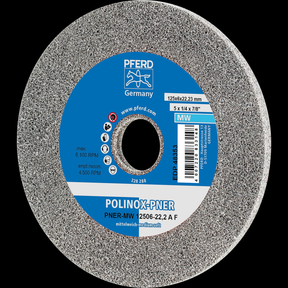 PFERD POLINOX® Unitized Wheel, 5&#34; x 1/4 x 7/8, Fine, Soft, 3AF, Aluminum oxide