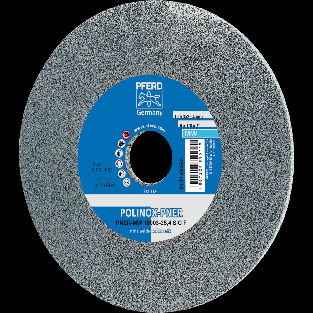 PFERD POLINOX® Unitized Wheel, 6&#34; x 1/8 x 1, Fine, Medium-Soft, 3SF, Silicon carbide