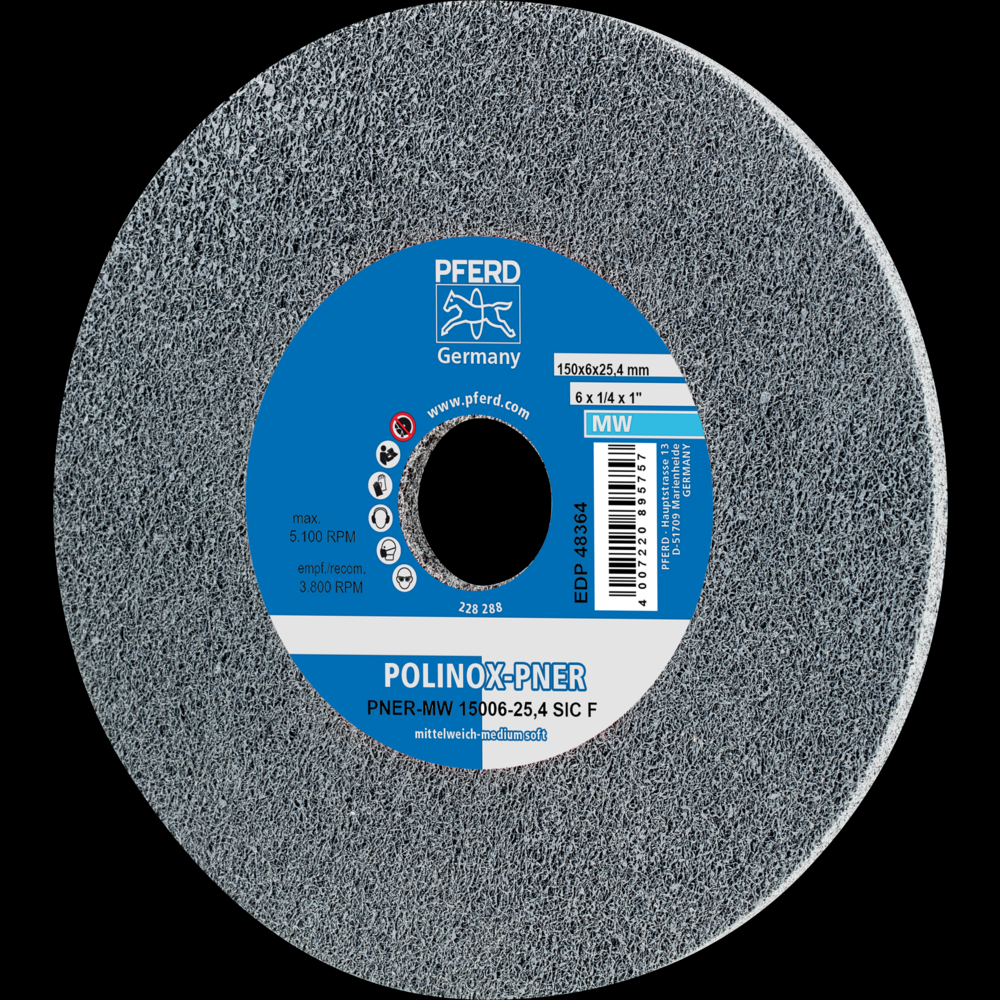 PFERD POLINOX® Unitized Wheel, 6&#34; x 1/4 x 1, Fine, Soft, 3SF, Silicon carbide