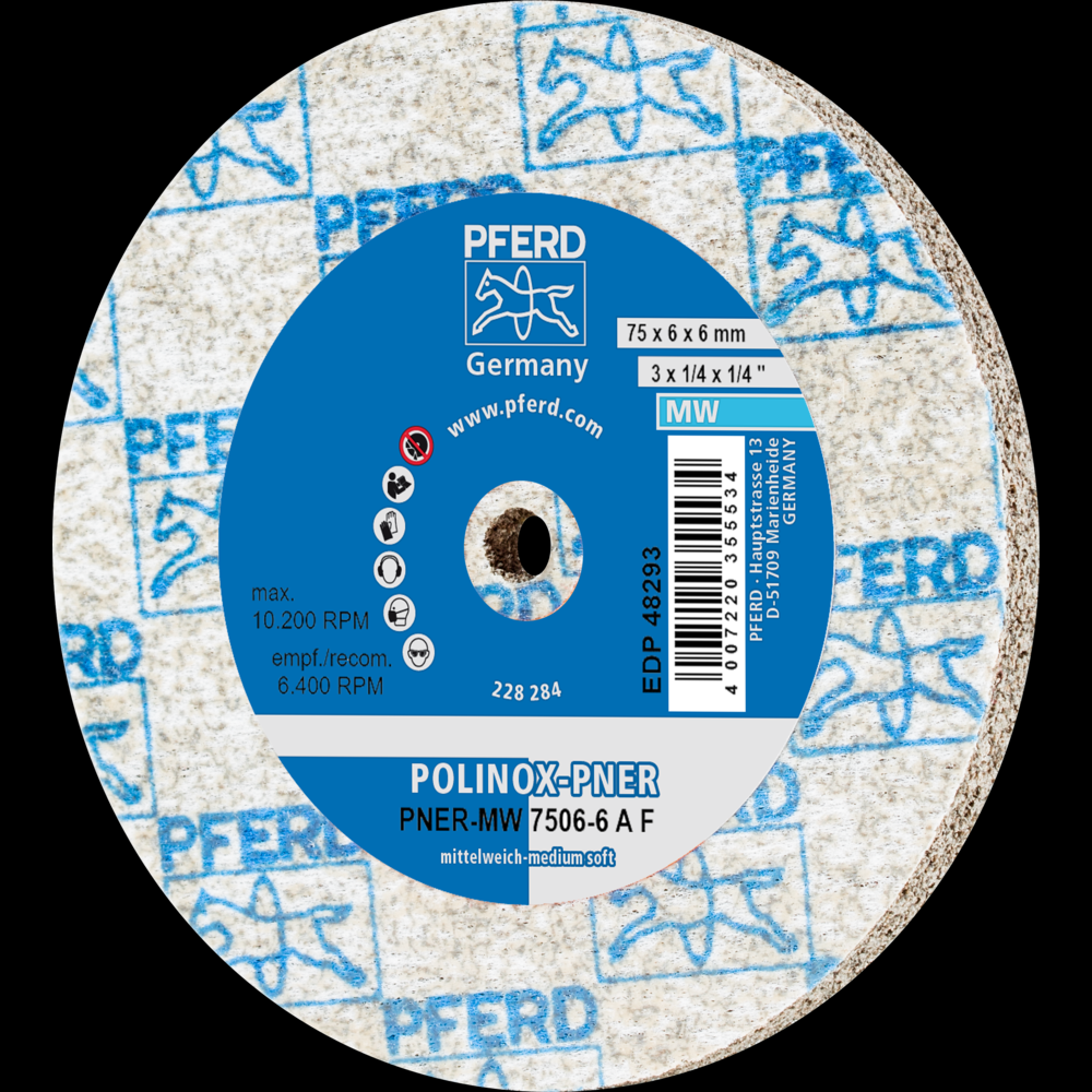 PFERD POLINOX® Unitized Wheel, 3&#34; x 1/4 x 1/4, Fine, Soft, 3AF, Aluminum oxide