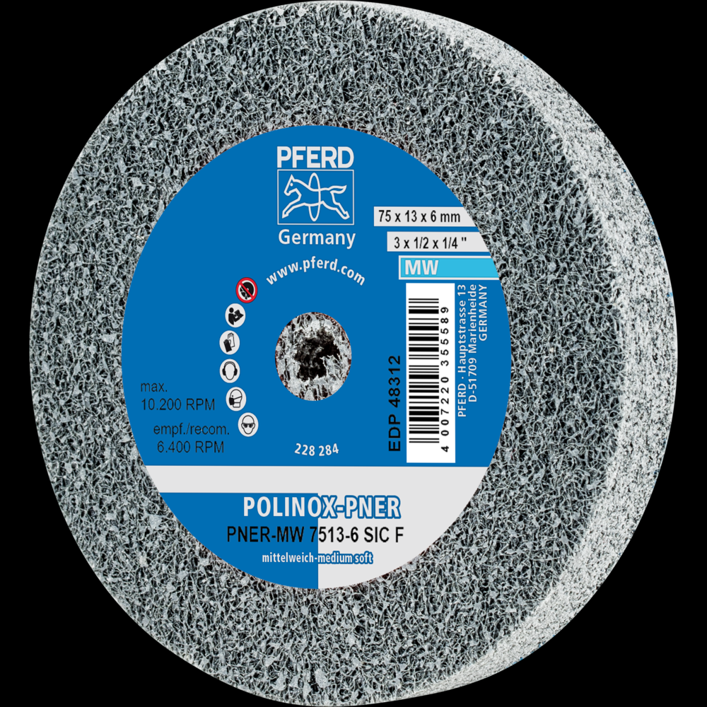 PFERD POLINOX® Unitized Wheel, 3&#34; x 1/2 x 1/4, Fine, Soft, 3SF, Silicon carbide