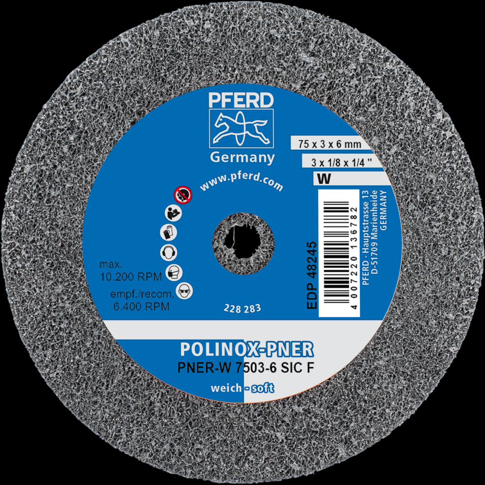 PFERD POLINOX® Unitized Wheel, 3&#34; x 1/8 x 1/4, Fine, Soft, 2SF, Silicon carbide