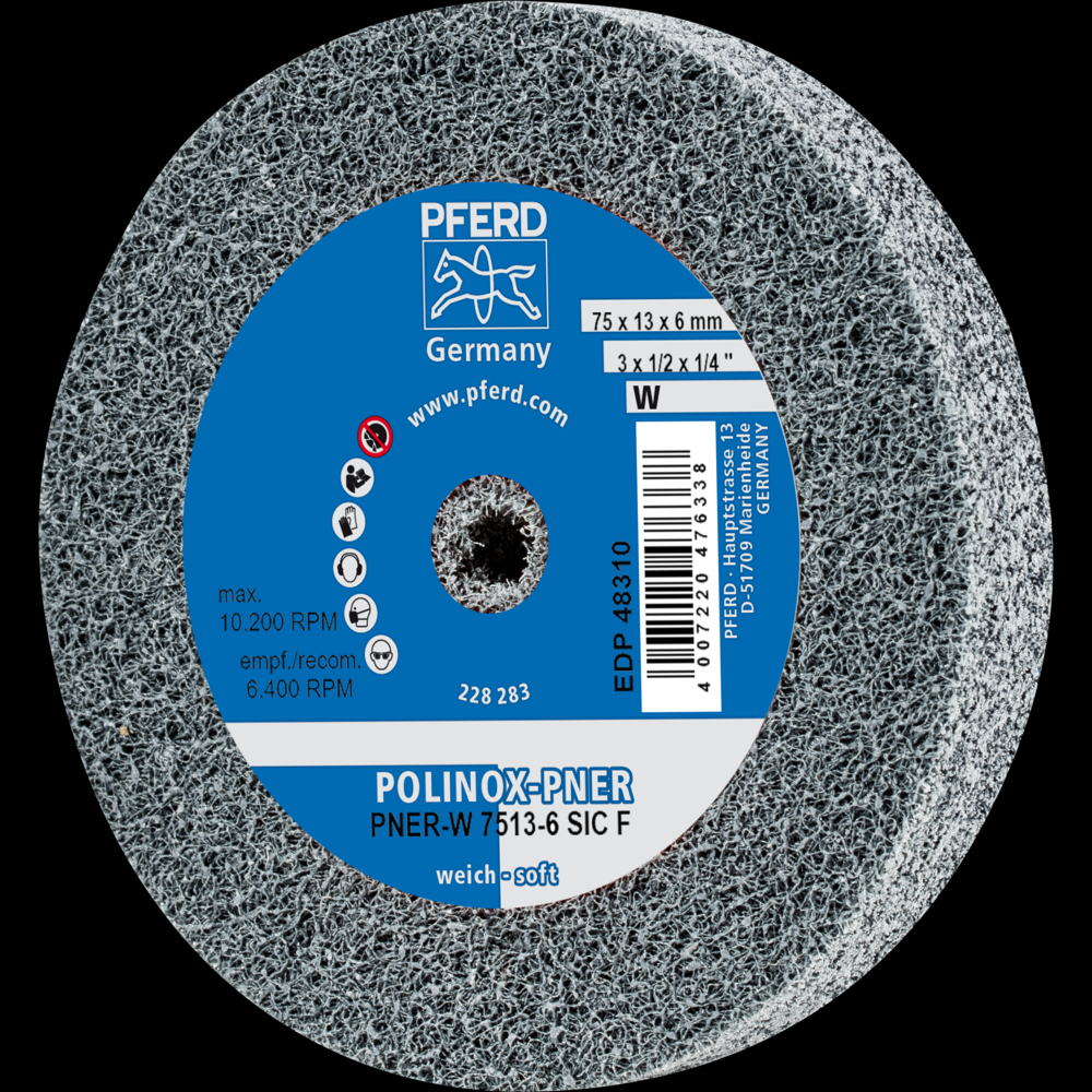 PFERD POLINOX® Unitized Wheel, 3&#34; x 1/2 x 1/4, Fine, Soft, 2SF, Silicon carbide
