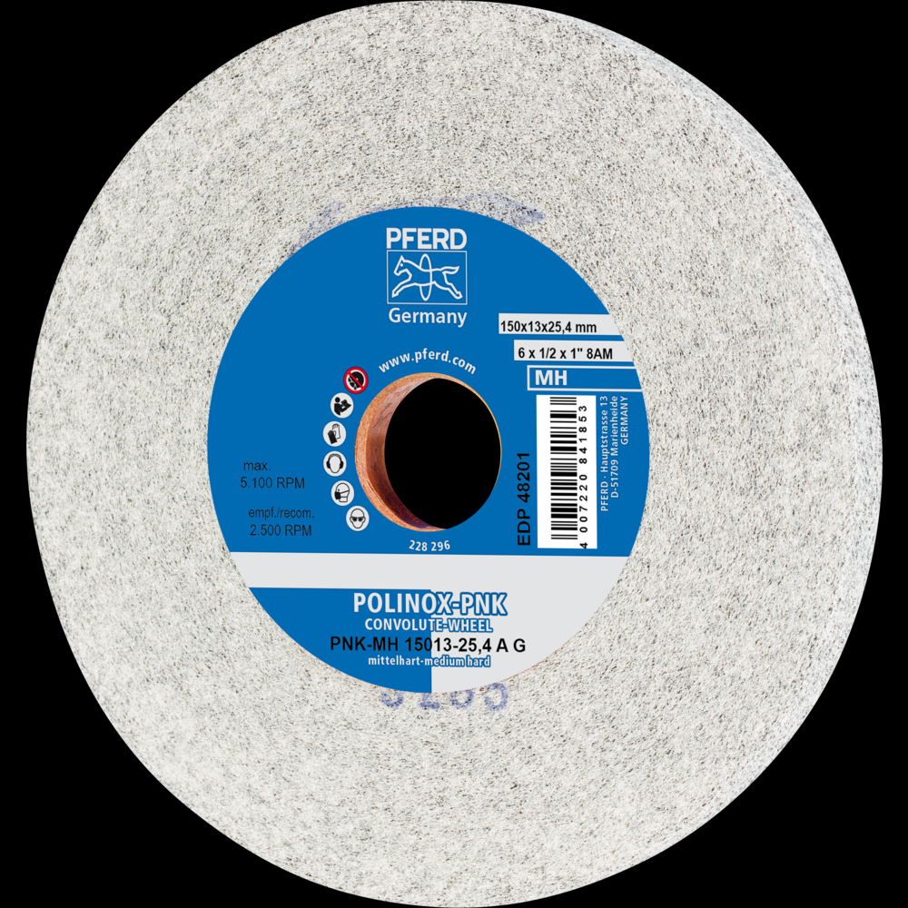 PFERD POLINOX® Convolute Wheel, 6&#34; x 1/2 x 1, Coarse, Medium-Hard, 8AM, Aluminum oxide