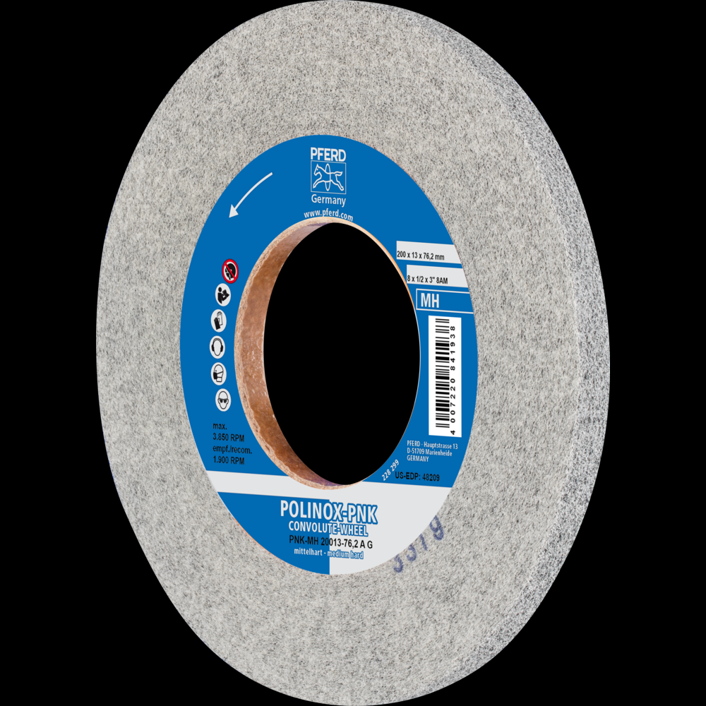 PFERD POLINOX® Convolute Wheel, 8&#34; x 1/2 x 3, Coarse, Medium-Hard, 8AM, Aluminum oxide