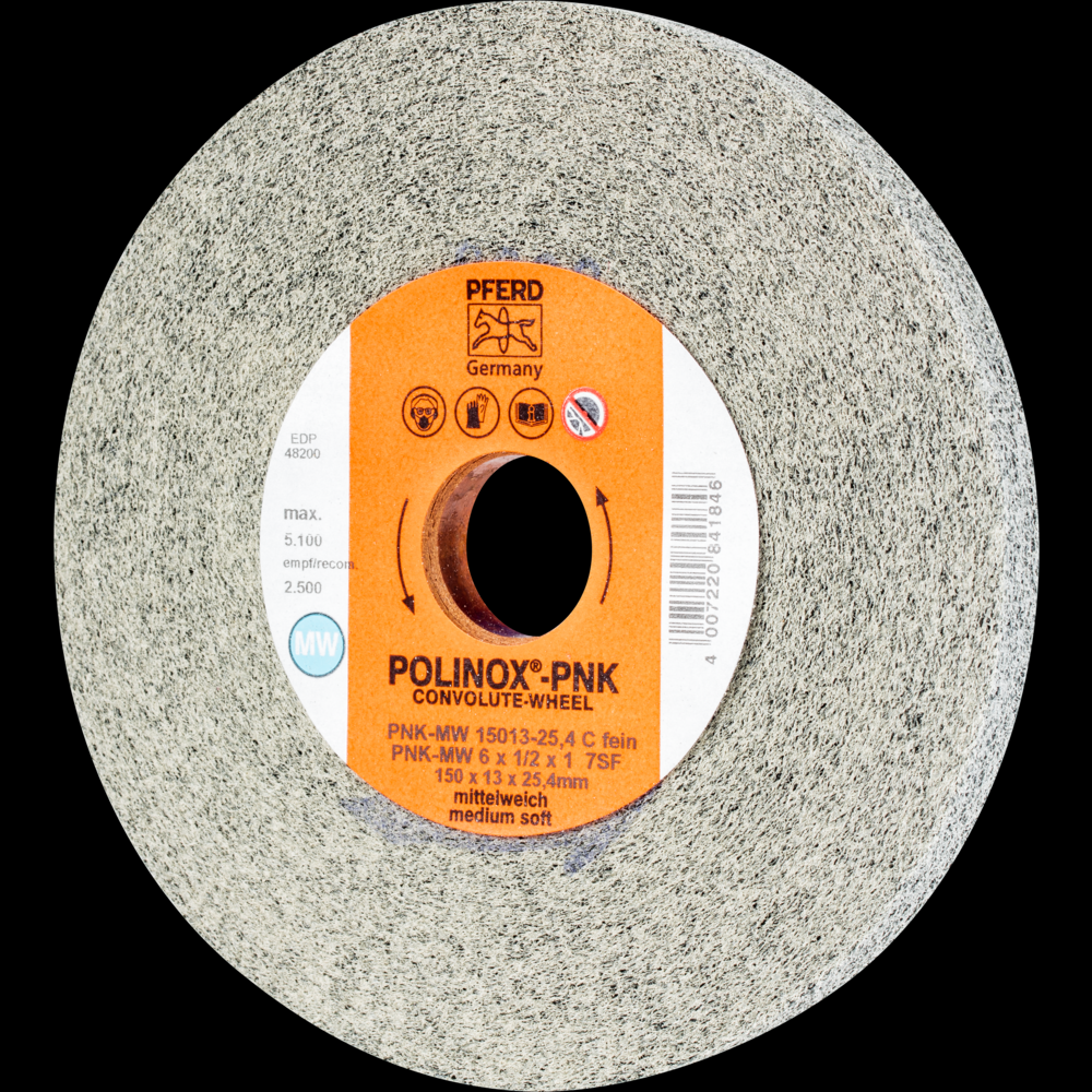 PFERD POLINOX® Convolute Wheel, 6&#34; x 1/2 x 1, Fine, Medium-Soft, 7SF, Silicon carbide