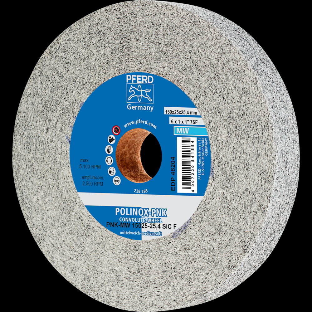 PFERD POLINOX® Convolute Wheel, 6&#34; x 1 x 1, Fine, Medium-Soft, 7SF, Silicon carbide