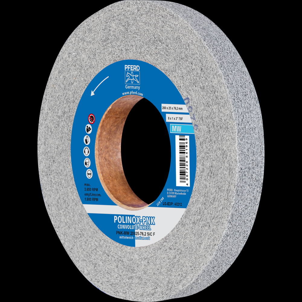 PFERD POLINOX® Convolute Wheel, 8&#34; x 1 x 3, Fine, Medium-Soft, 7SF, Silicon carbide