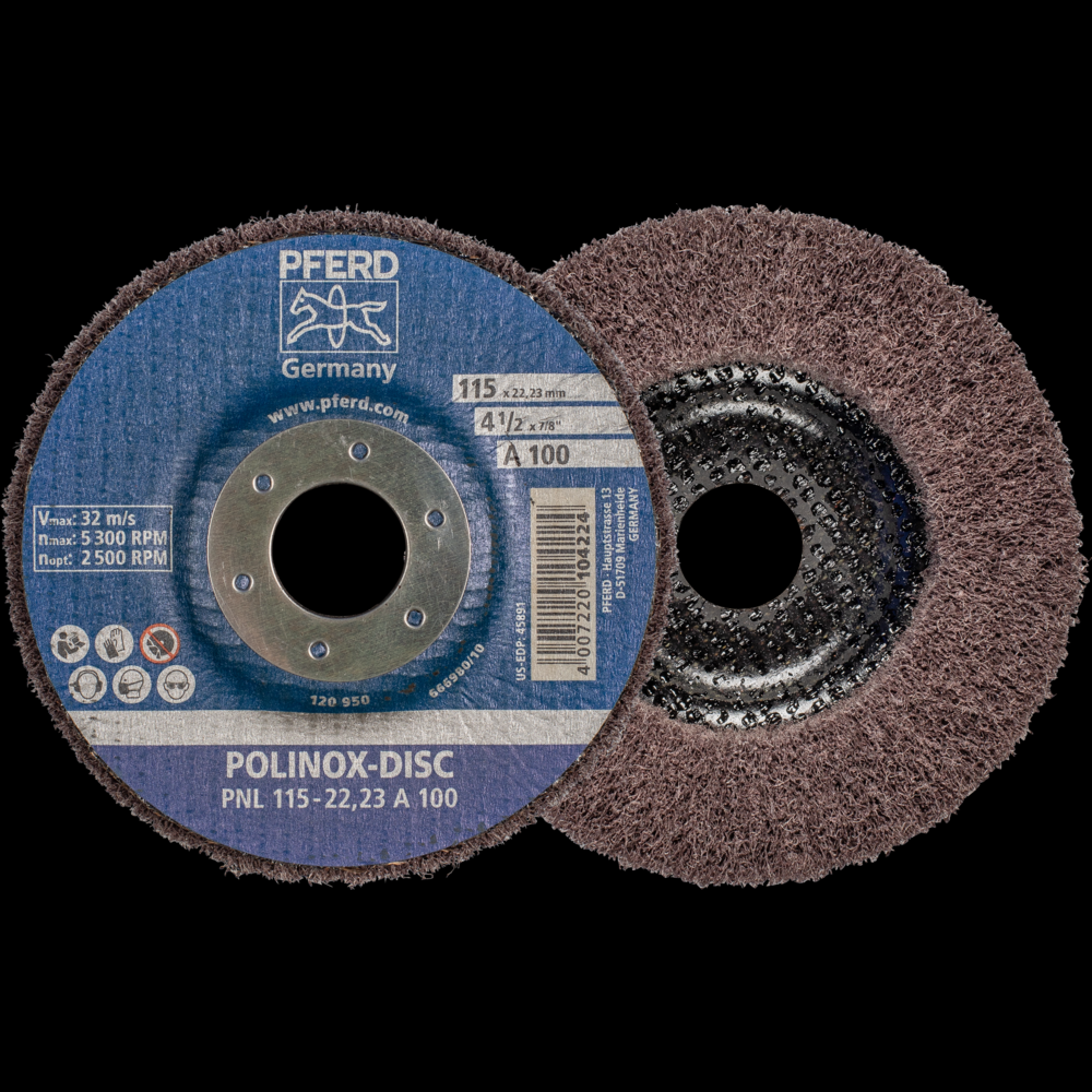 PFERD POLINOX® Fibre-backing disc, 4-1/2&#34; 3/4 x 7/8, Radial, 100 Grit, Aluminum oxide