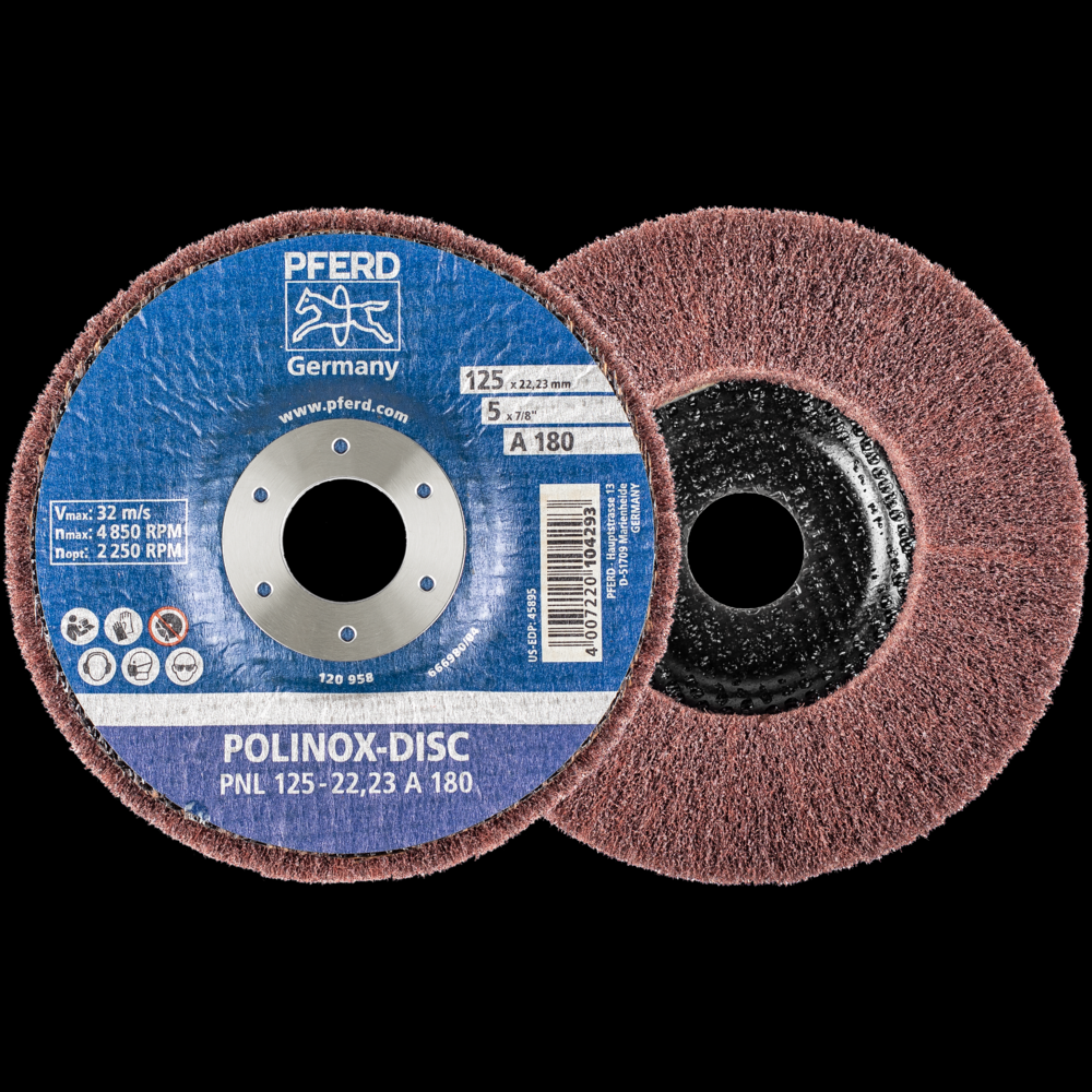 PFERD POLINOX® Fibre-backing disc, 5&#34; 3/4 x 7/8, Radial, 180 Grit, Aluminum oxide
