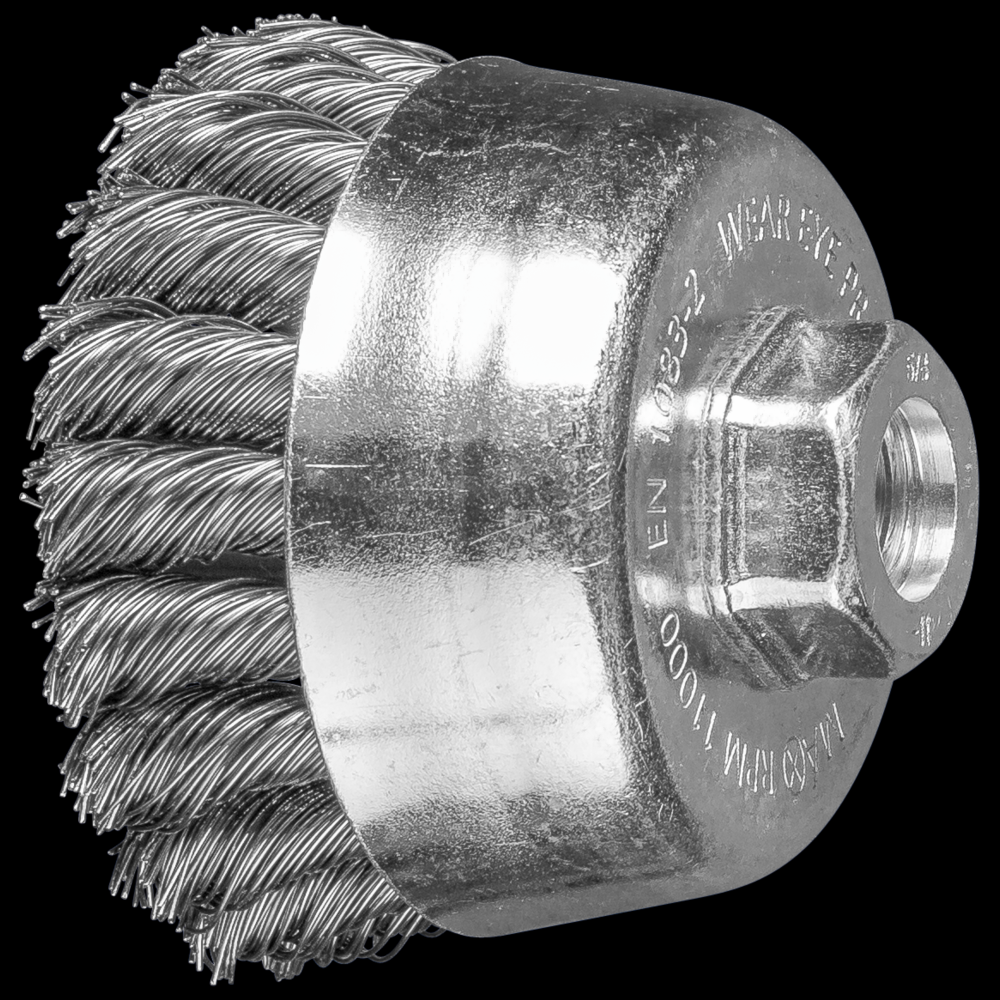 PFERD Knot Wire Cup Brush PSF 3-1/2&#34; Dia. .020 Carbon Steel 5/8-11&#34; Thread