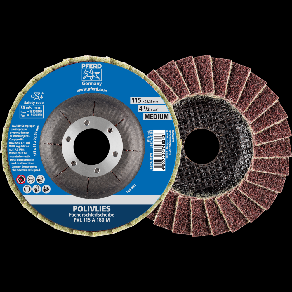 PFERD POLIVLIES® Non-Woven Flap Disc, 4-1/2&#34; x 7/8, 180 Grit, Medium, Aluminum oxide