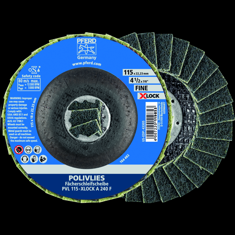 PFERD POLIVLIES® Non-Woven Flap Disc, 4-1/2&#34; X-LOCK, 240 Grit, Fine, Aluminum oxide