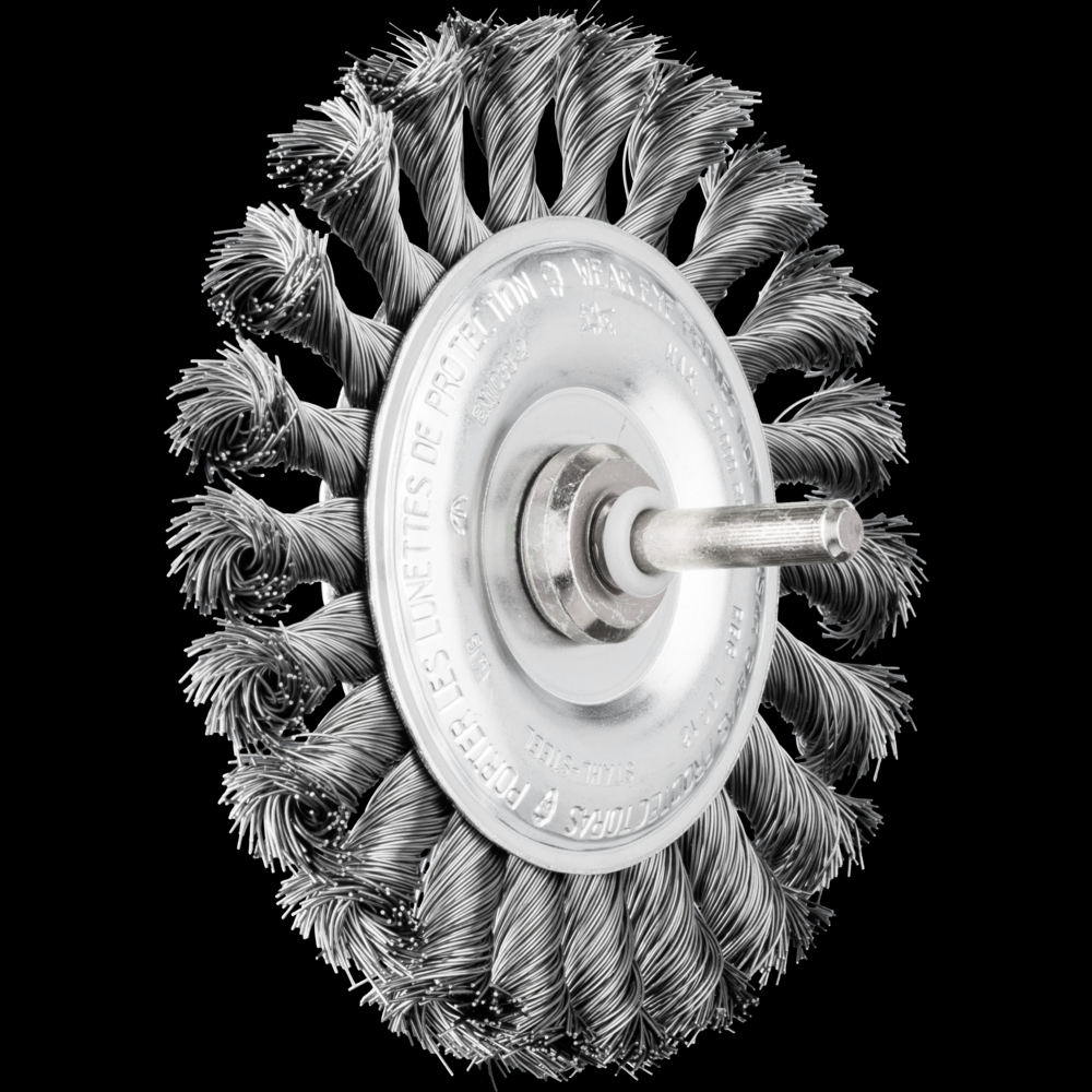 PFERD Mounted Knot Wheel Brush 4&#34; Dia. .014 Carbon Steel 1/4&#34; Shank