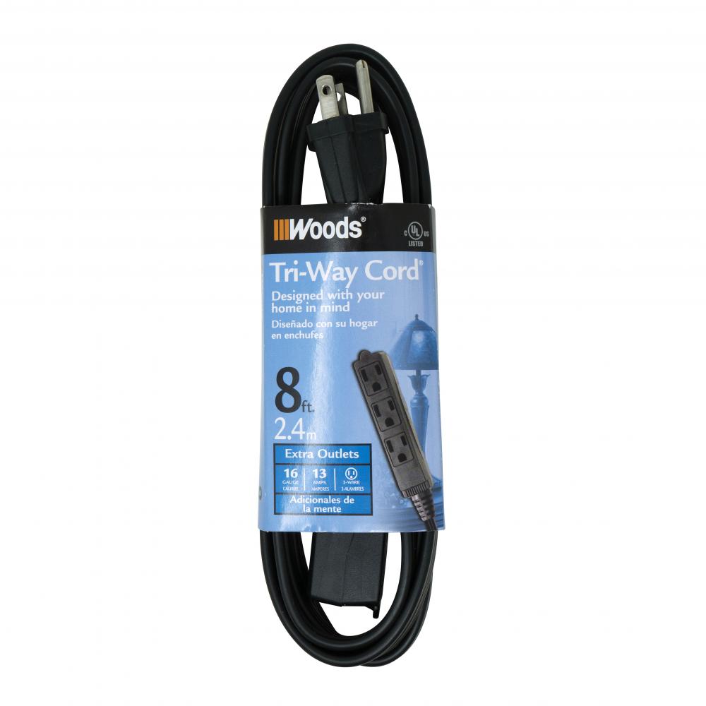 INDCORD- 16/3 SPT-2 8&#39; BLACK 3OUTLET W