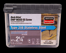 Simpson Strong-Tie T07225WPP - Deck-Drive™ DWP WOOD SS Screw - #7 x 2-1/4 in. T-15, Trim Head, Type 316 (350-Qty)