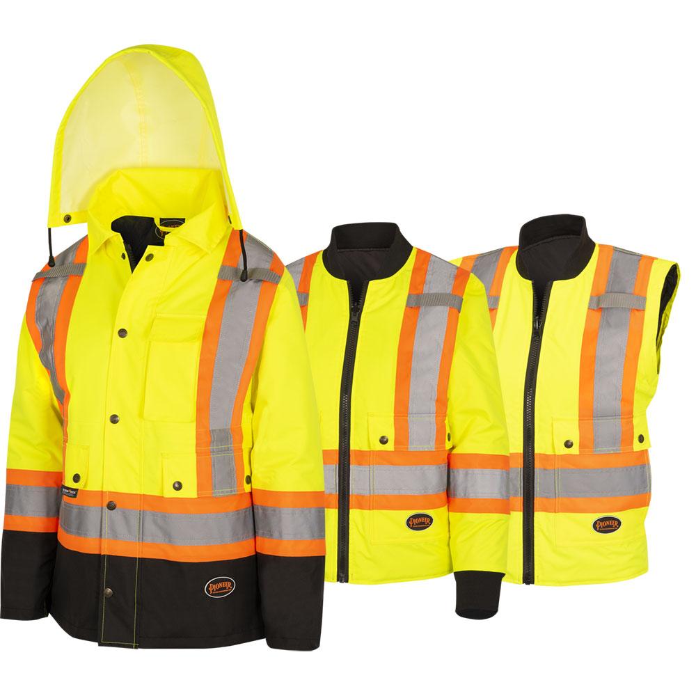 Women&#39;s Hi-Vis 7-in-1 Jacket - Waterproof - Detachable Hood - Black Bottom - Hi-Vis Yellow - XL