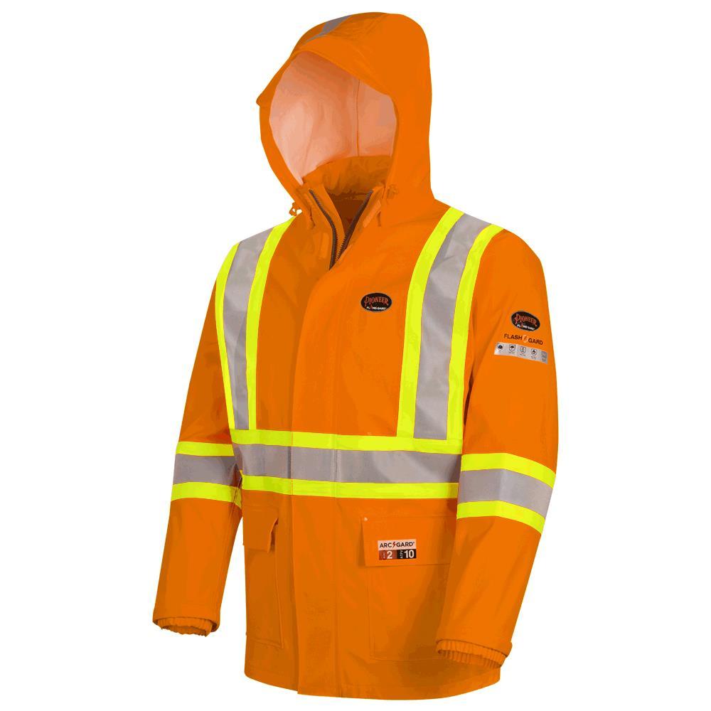 Hi-Vis FR/ARC-Rated Poly/Cotton Rain Jacket - Waterproof - Hi-Vis Orange - 2XL
