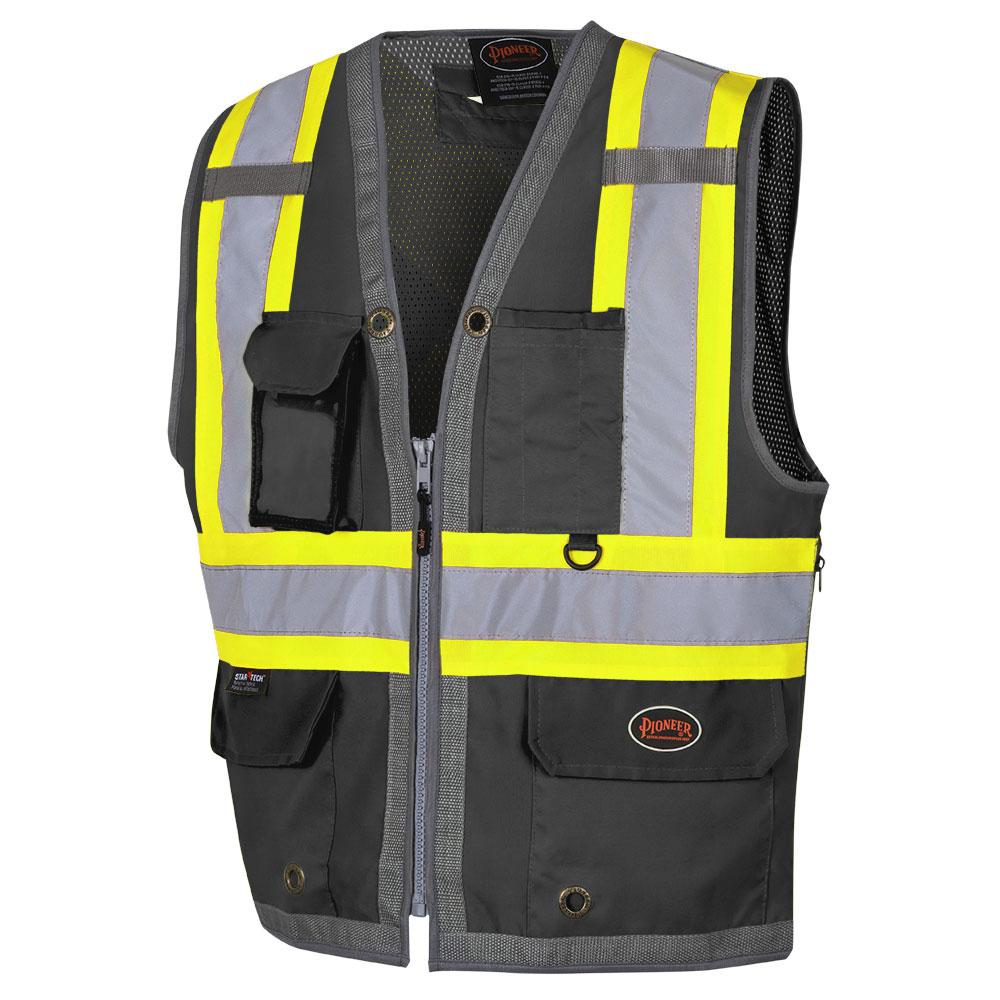 Hi-Vis 300D Oxford Poly Mesh Surveyor&#39;s Safety Vest - Mesh Back- Zipper Closure - Black - 4XL