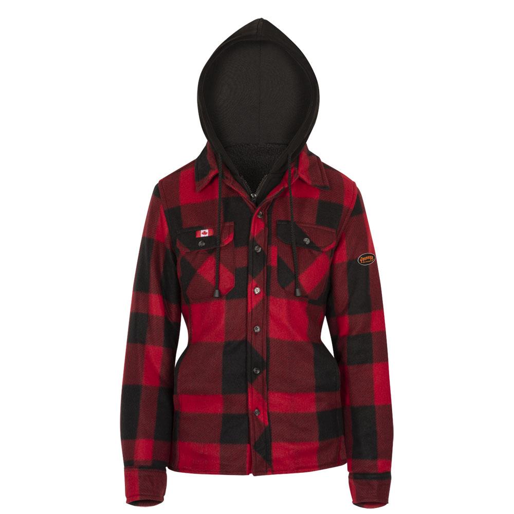 Women’s Quilted Polar Fleece Hooded Shirt - Red/Black Plaid -  XS