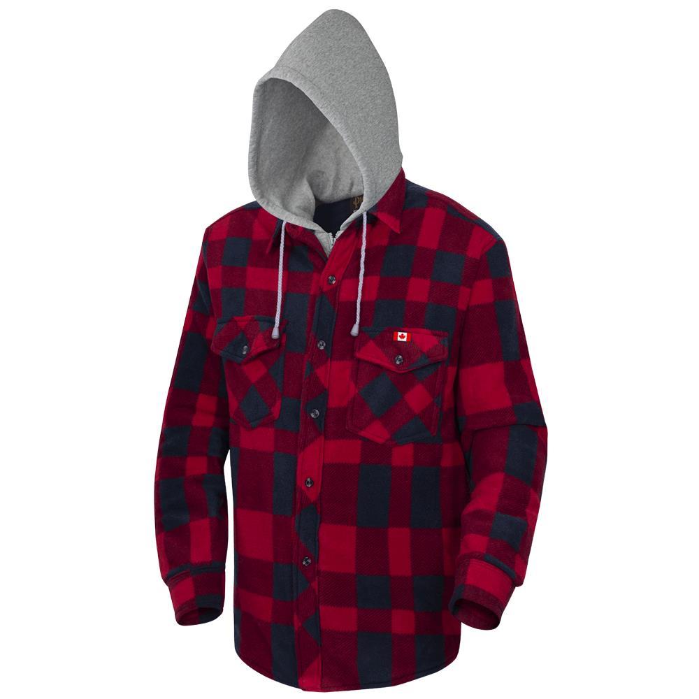 Quilted Polar Fleece Hooded Shirt – Red/Black Plaid – S