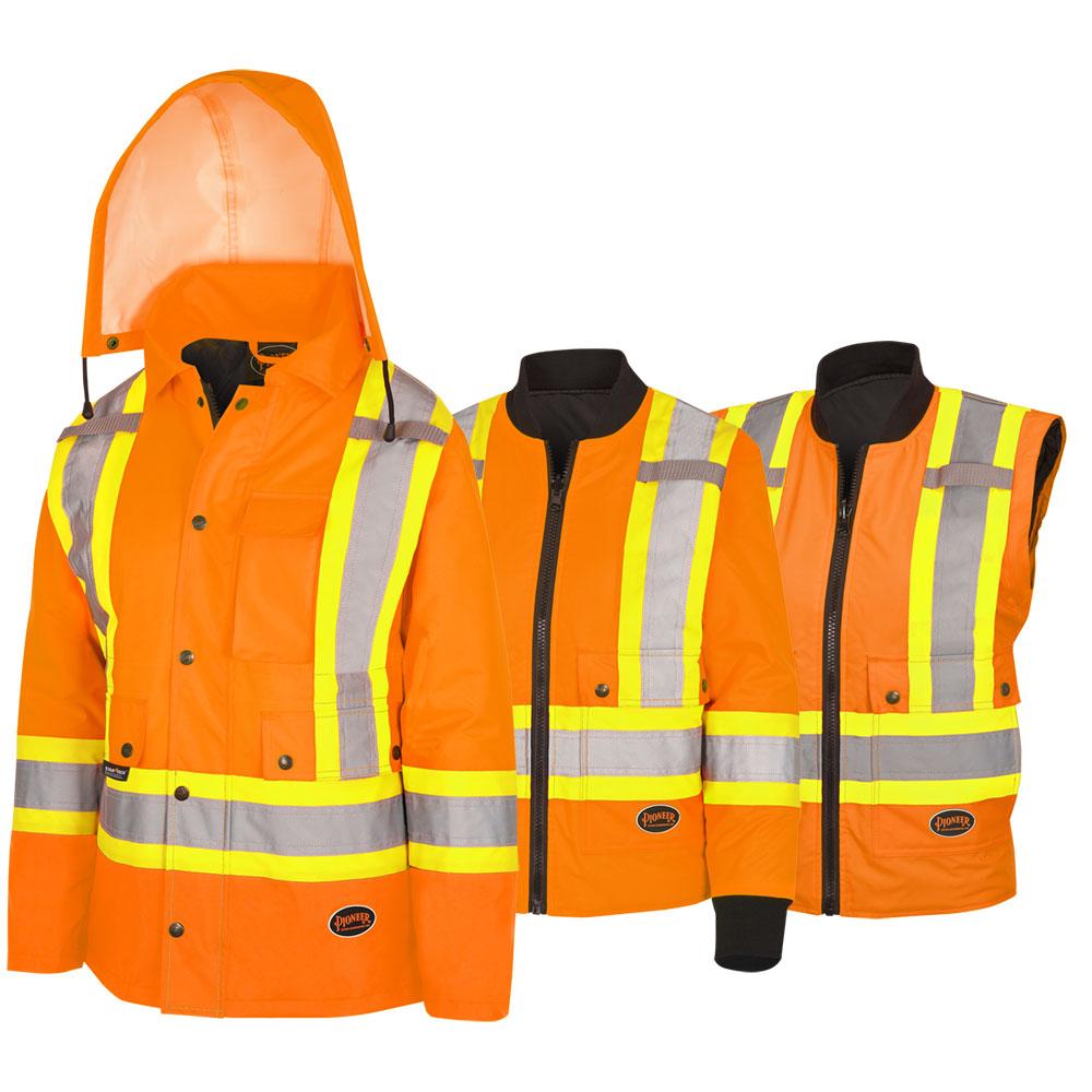 Women&#39;s Hi-Vis 7-in-1 Jacket - Waterproof - Detachable Hood - Hi-Vis Orange - XL
