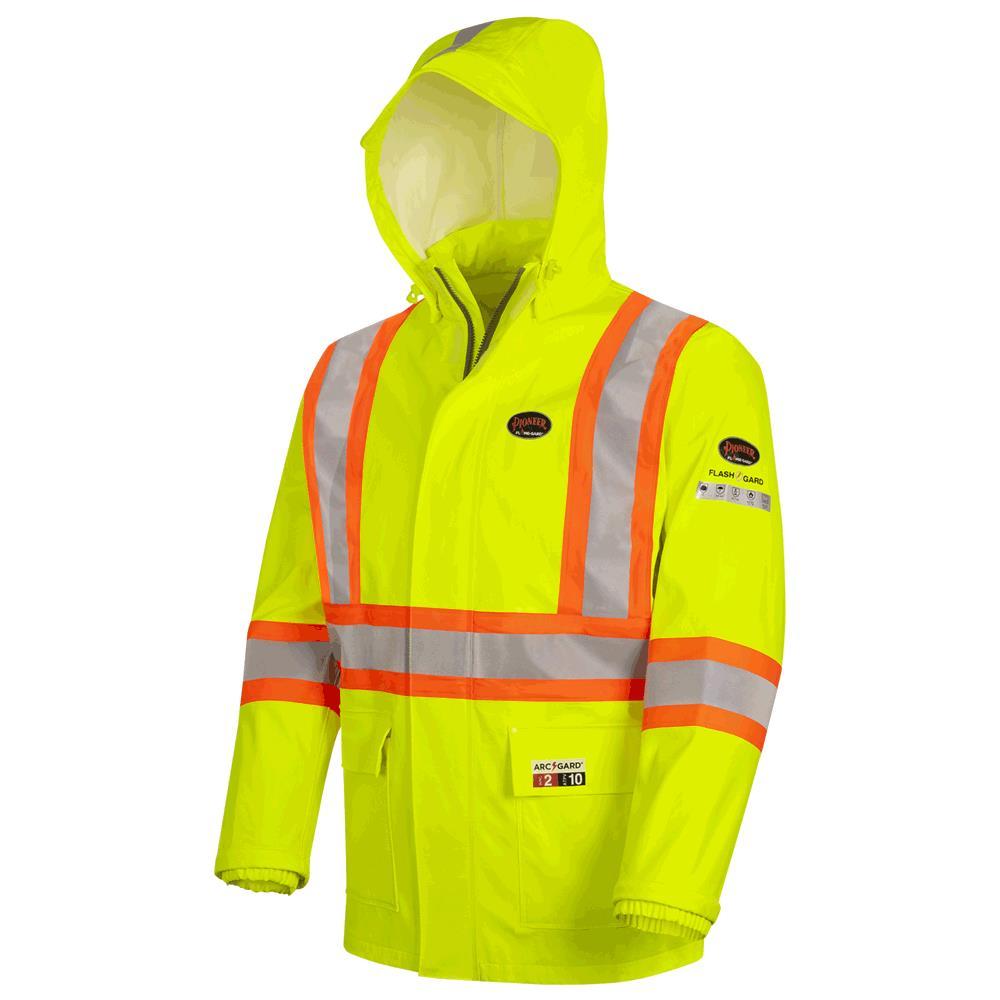 Hi-Vis FR/ARC-Rated Poly/Cotton Rain Jacket - Waterproof - Hi-Vis Yellow - 2XL