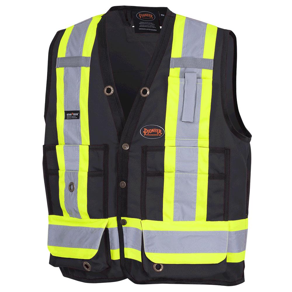 Hi-Vis 150D Poly Twill Surveyor&#39;s Safety Vest - Snap Closure - Black - XL