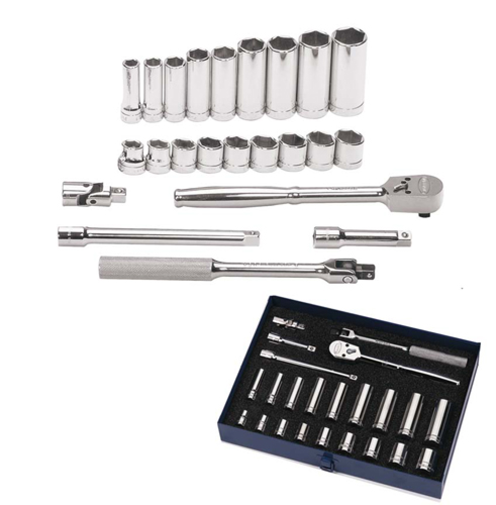 23 pc 3/8&#34; Drive 6-Point SAE Shallow and Deep Socket and Drive Tool Set
