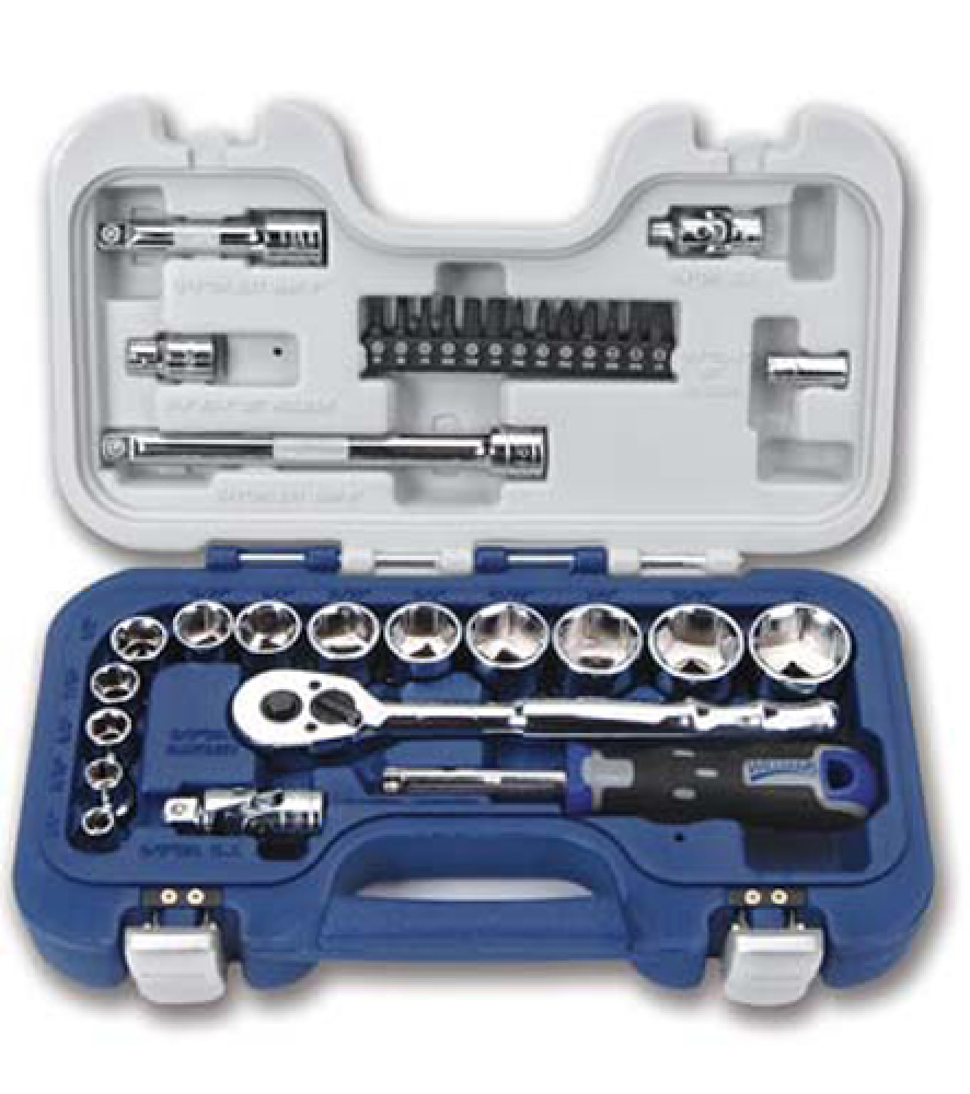 34 pc 6 Drive 6-Point SAE Basic Tool Set with 1/4&#34; Hex Screwdriver Bits packed in