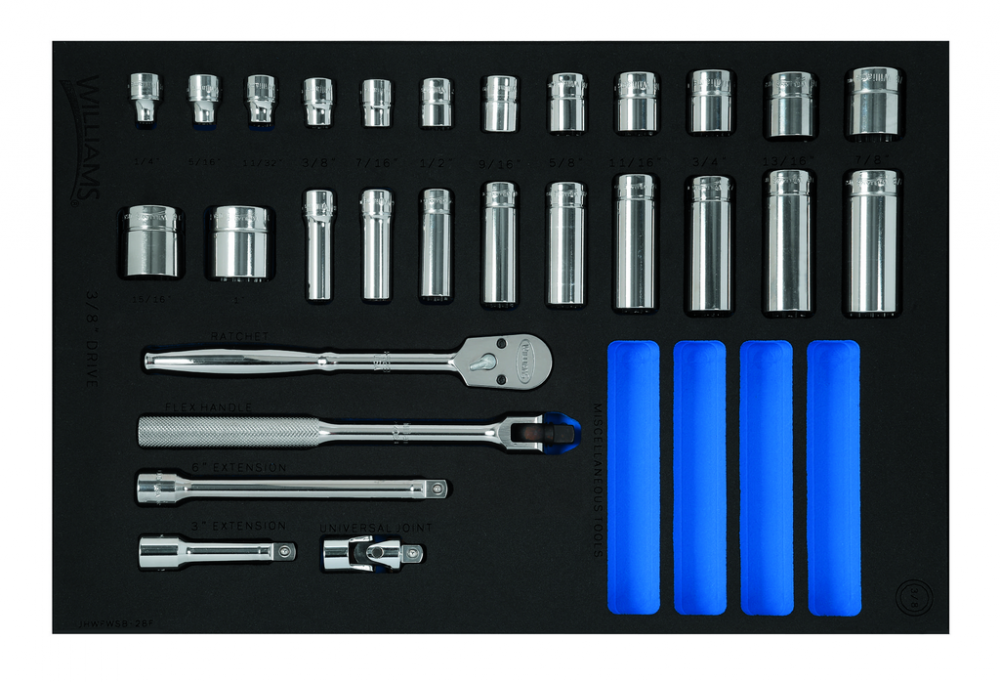 28 pc 3/8 Drive 12-Point SAE Shallow & Deep Socket and Drive Tool Set in 1/3 Foam Drawer Inset