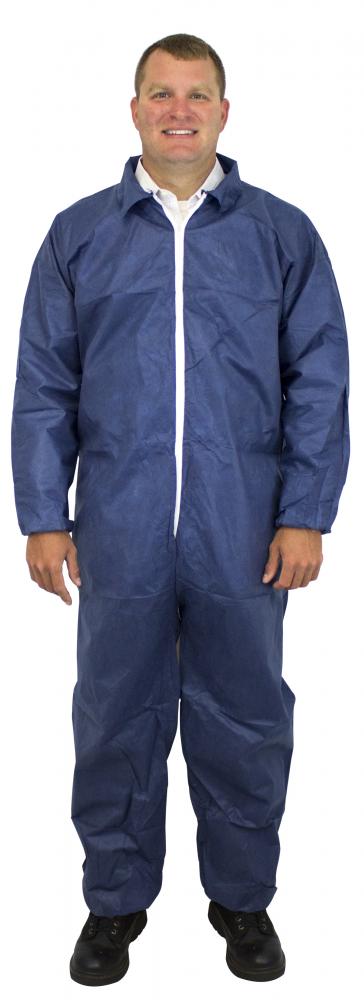 DISPOSABLE COVERALL, BLUE, SMS MATERIAL NO HOOD WITH ELASTIC WRISTS AND ANKLES